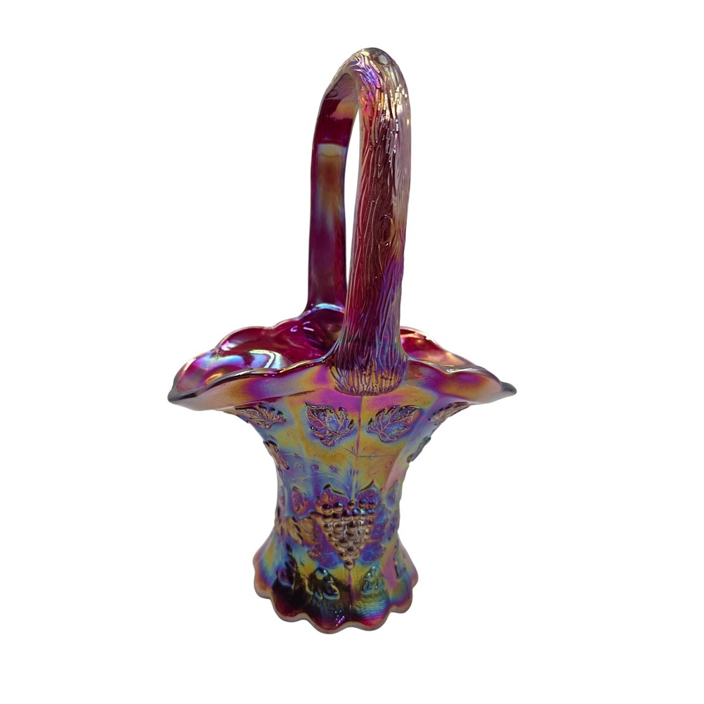 Westmoreland Ruby Red Carnival Glass Basket Paneled Grape Iridescent‎ 10.5 inch